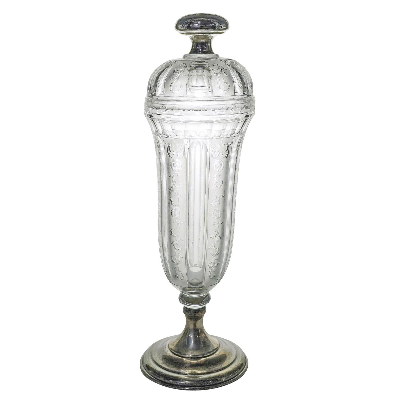 Hawkes Etched Glass Lidded Footed W/ Sterling Silver Urn: Hawkes Etched Glass Lidded Footed W/ Sterling Silver UrnLate19th-early 20th century, USALarge Hawkes Cut & Etched Glass Lidded Footed Urn featuring Sterling Silver finial and foot.The piece is made of
