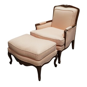 French Provincial Upholstered Bergere Chair & Ottoman