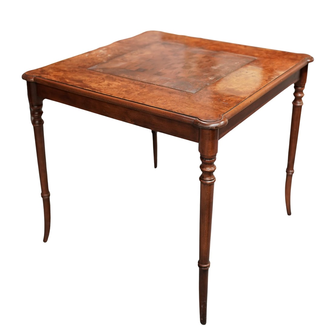 Antique Burl Wood Gaming Table: Antique Burl Wood Gaming TableEarly 20th century, FrenchAntique French gaming card table made of burl wood with marquetry game board at the center.H 30" x W 33.75" x L 34"