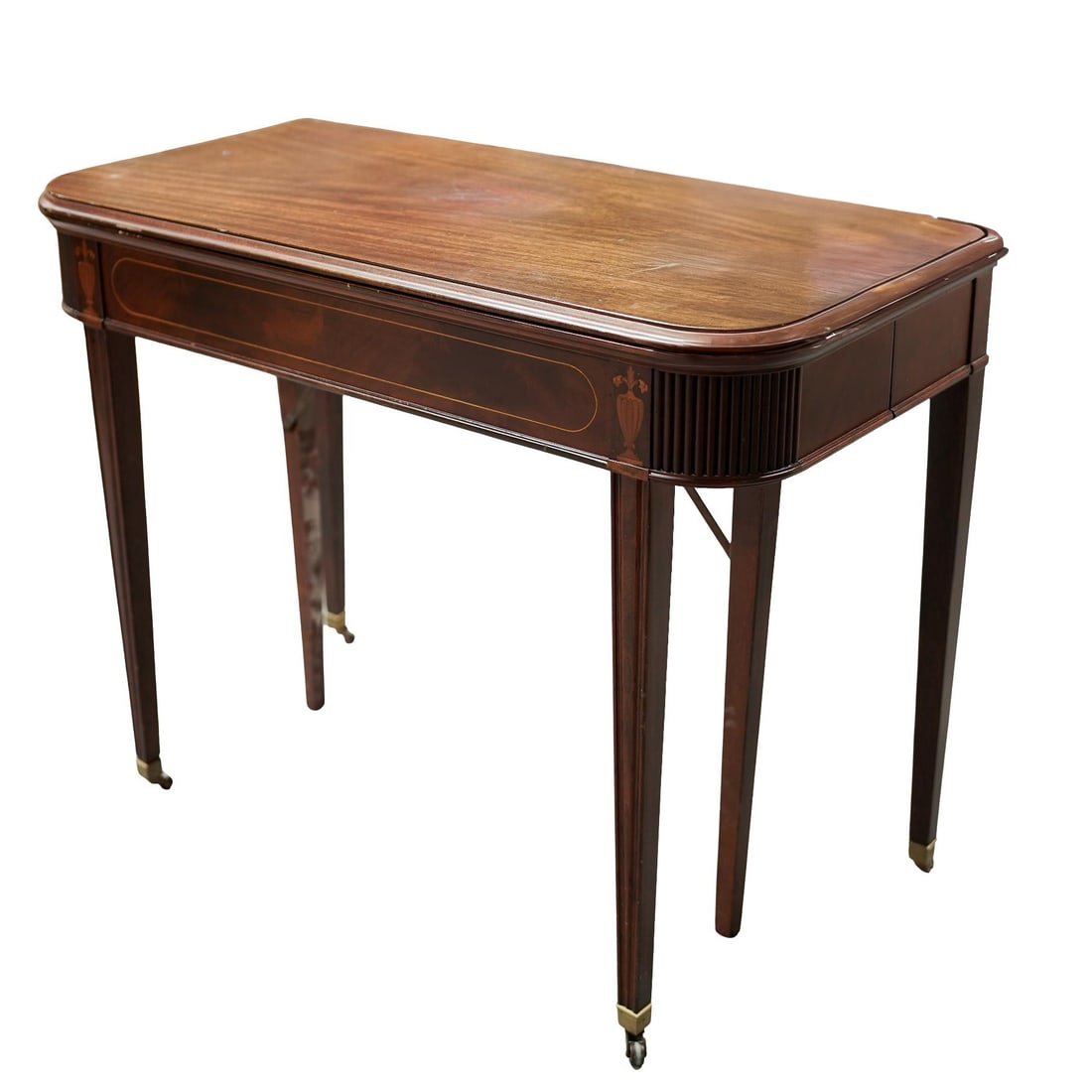 Antique English Regency Flip-Top Card Table: Antique English Regency Flip-Top Card TableLate 19th-early 20th century, EnglishAntique English Regency style flip-top card table, made of mahogany with delicate line inlays. These pieces typically fu