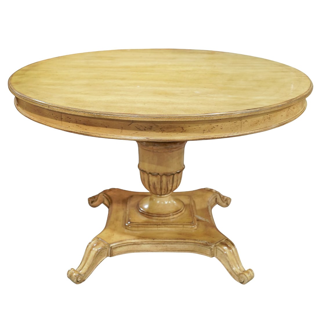 Watertown Slide Wooden Round Extendable Dining Table: Watertown Slide Wooden Round Extendable Dining Table Early to mid 20th century, American A Wooden round pedestal dining table utilizing a slide mechanism a, Marked "Watertown Table Slide Company" H