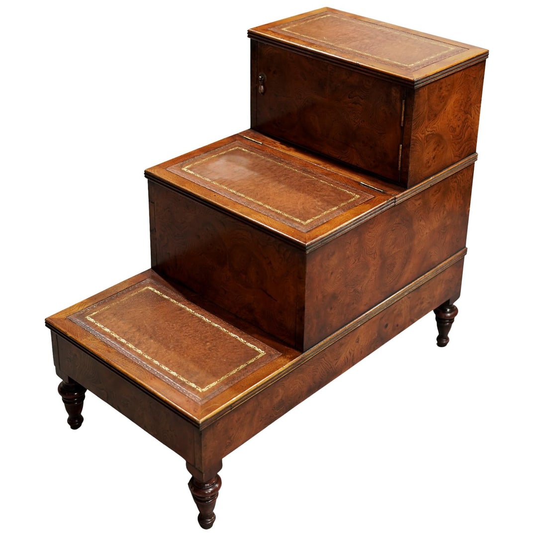 Georgian Tooled Leather Inlaid Burl Wood Bedside Commode: Georgian Tooled Leather Inlaid Burl Wood Bedside Commode 1800s, USA Georgian bedside commode, crafted from burlwood with three tiers. Each tier top is inlaid with leather and gilded pattern. H: 27"