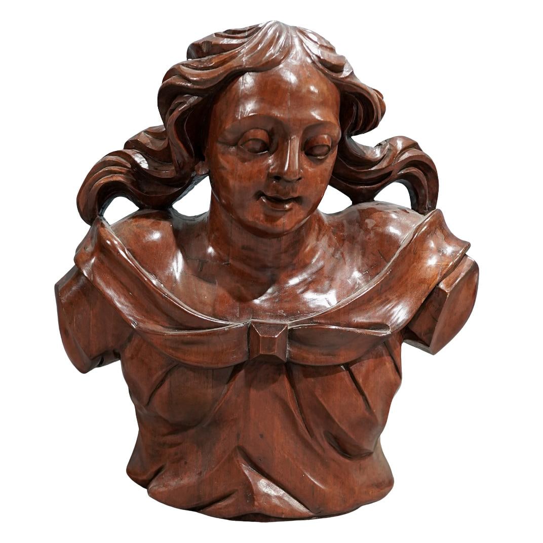 18th Cent. Baroque Wooden Ships Bust Figure: 18th Cent. Baroque Wooden Ships Bust Figure 18th century, European 18th century Baroque hand-carved wooden bust of a woman, characterized by the dynamic flow of the hair, the draped garment, and the