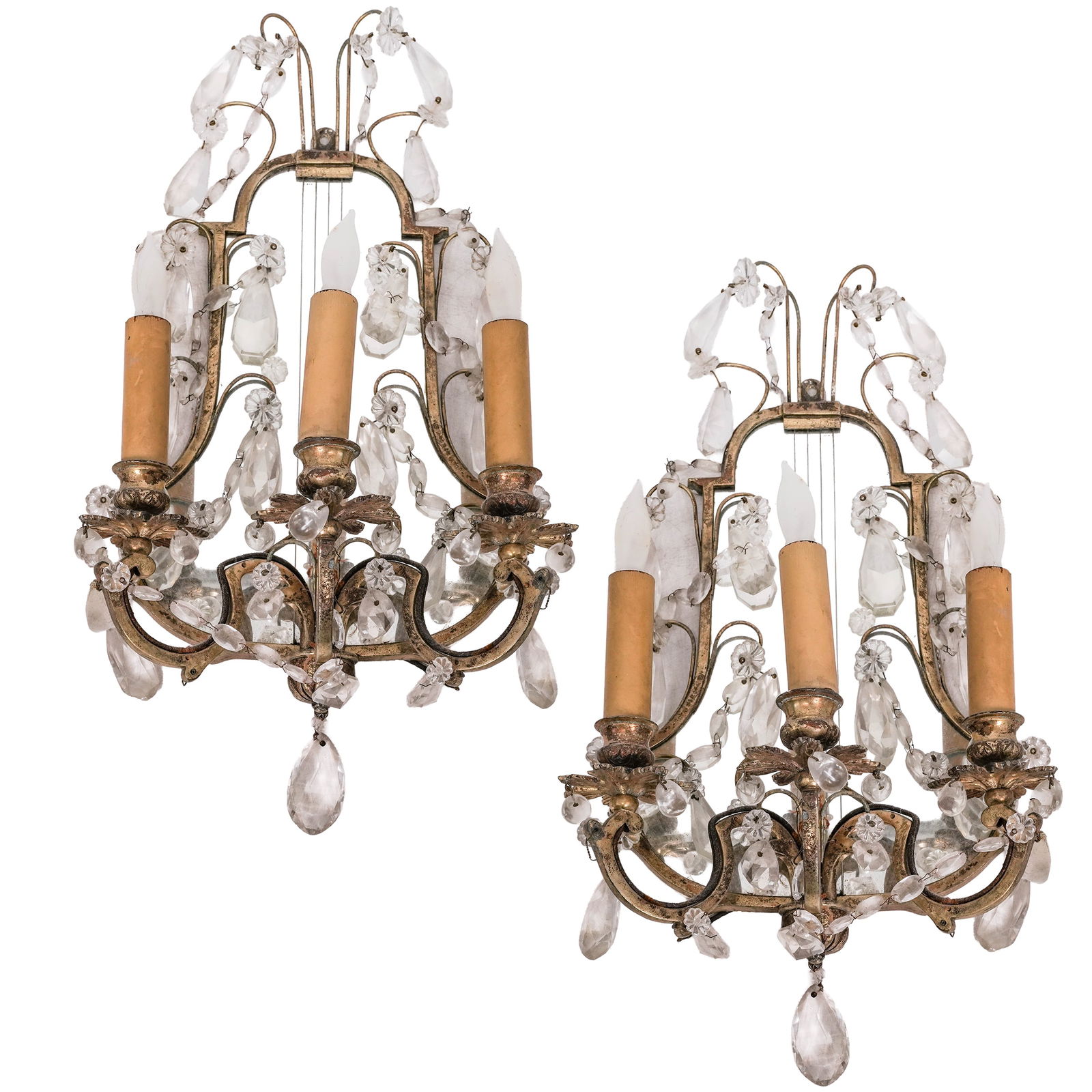 Pair of 19th Cent. French Mirrored Bronze Sconces: Pair of 19th Cent. French Mirrored Bronze Sconces 19th century, French A pair of nineteenth century French bronze sconces with mirrored paneling and glass drop pendants. Each H 15" x W 9.25" x Depth
