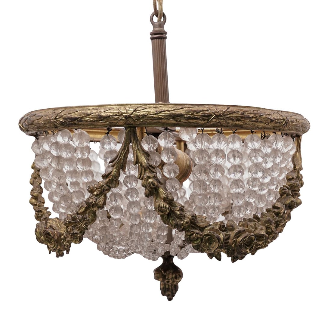French Louis XVI Style Bronze & Crystal Chandelier: French Louis XVI Style Bronze & Crystal Chandelier Early 20th Cent. France Elegant early 20th-century chandelier in the Louis XVI style, featuring a finely cast gilt-bronze frame adorned with floral