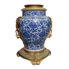 19th Cent. Chinese Gilt Bronze Mounted Blue & White Porcelain Vase
