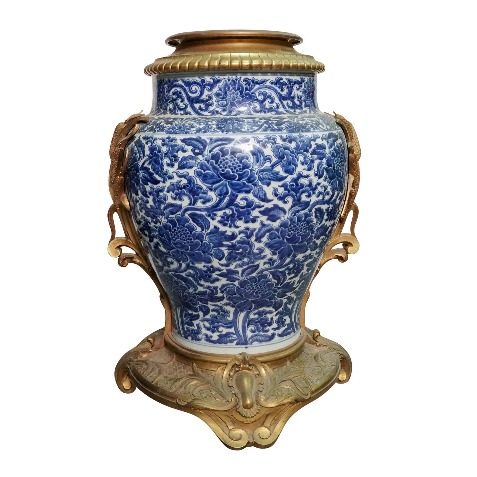 19th Cent. Chinese Gilt Bronze Mounted Blue & White Porcelain Vase: 19th Cent. Chinese Gilt Bronze Mounted Blue & White Porcelain Vase 19th century, Chinese An antique Chinese blue and white porcelain urn vase with gilt bronze sculpted cattail mounts, a classically
