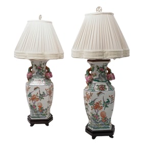 Pair of Antique Chinese Famille Rose Porcelain Lamps