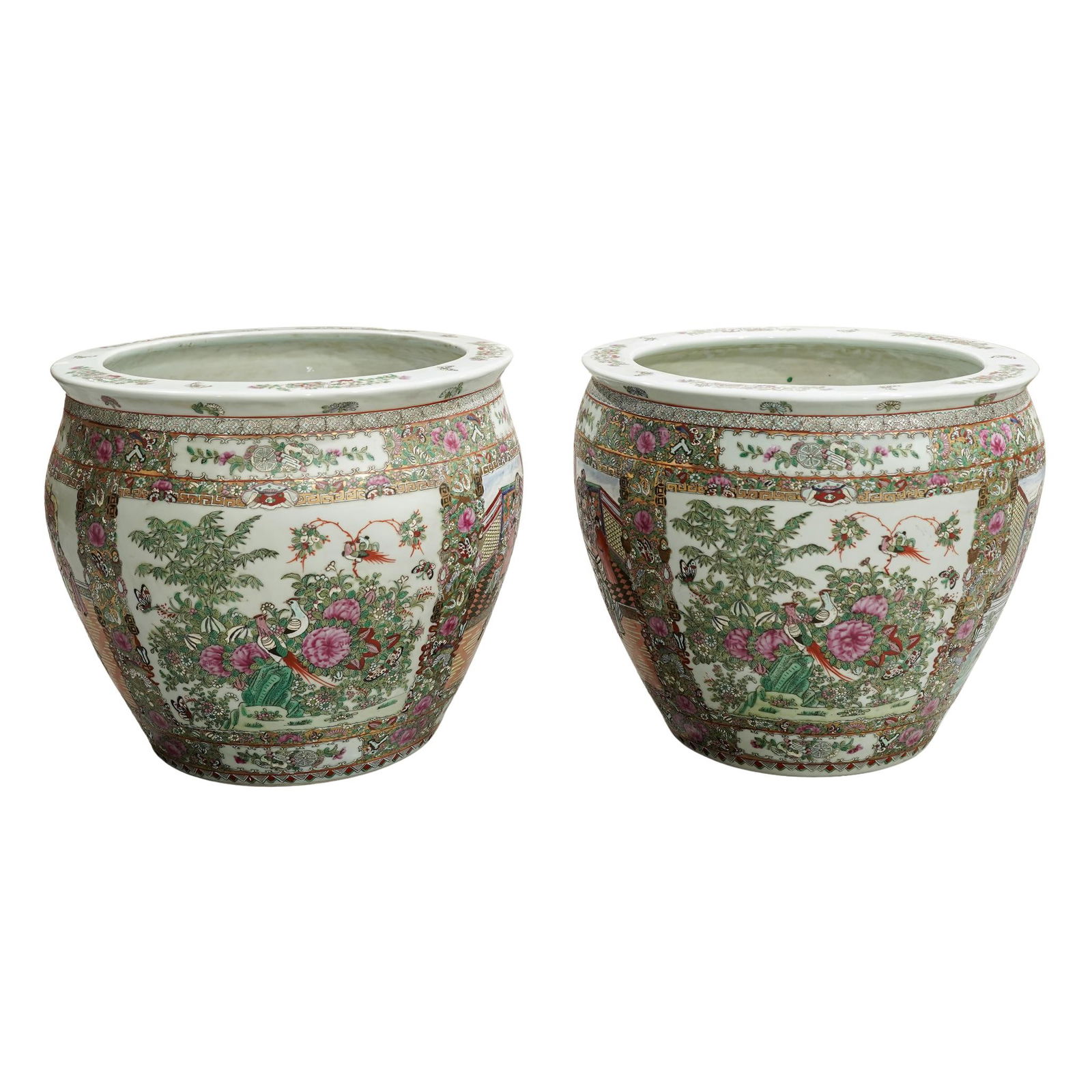 Pair of Chinese Rose Medallion Fishbowl Planters: Pair of Chinese Rose Medallion Fishbowl Planters 20th century, Chinese A pair of Chinese porcelain fishbowl planters with rose medallion patterns, figural courtyard scenes, and vibrant floral