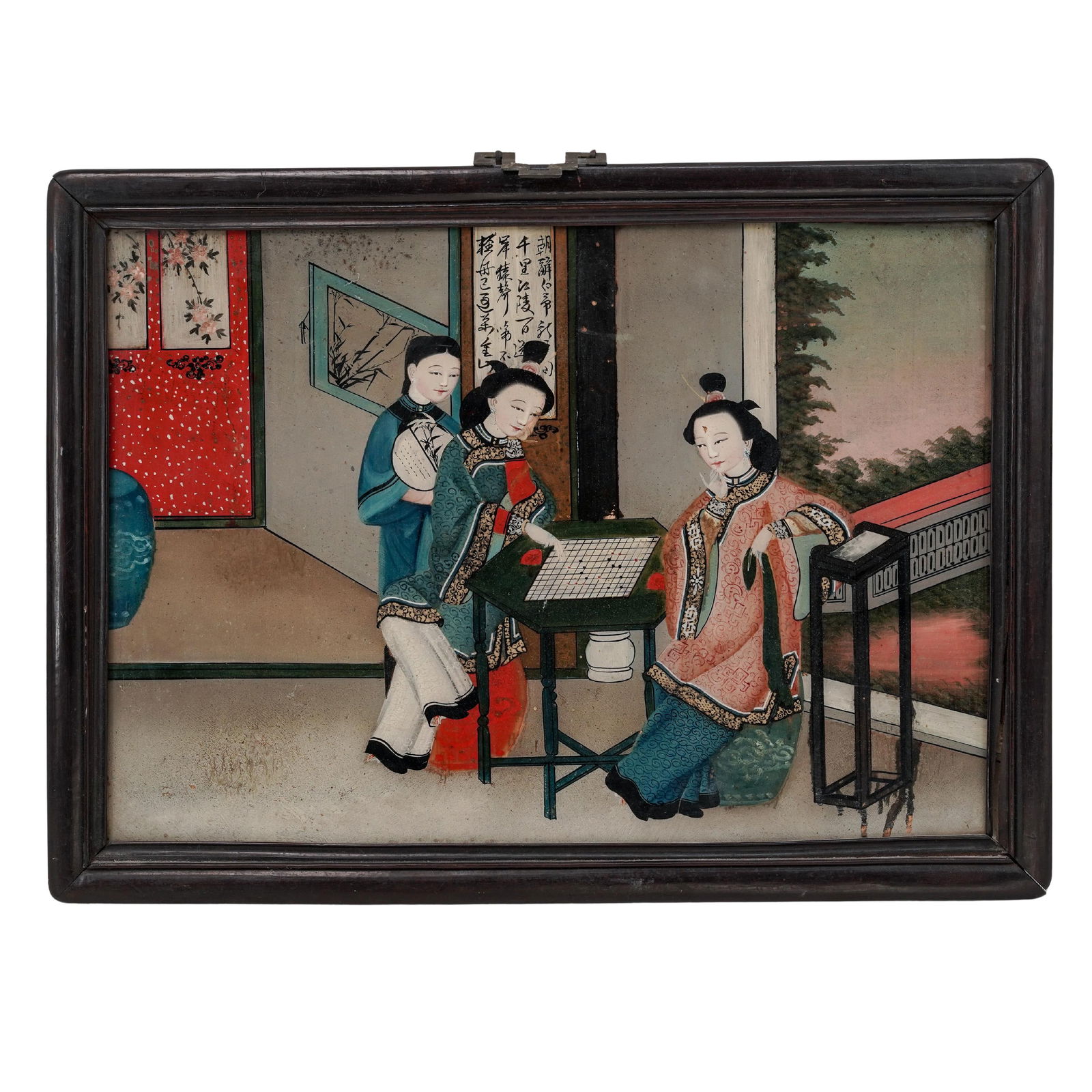 19th Cent. Chinese Court Scene Reverse Painted Glass Panel (1 of 3)