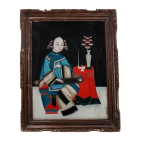 19th Cent. Chinese Musician Reverse Painted Glass Panel