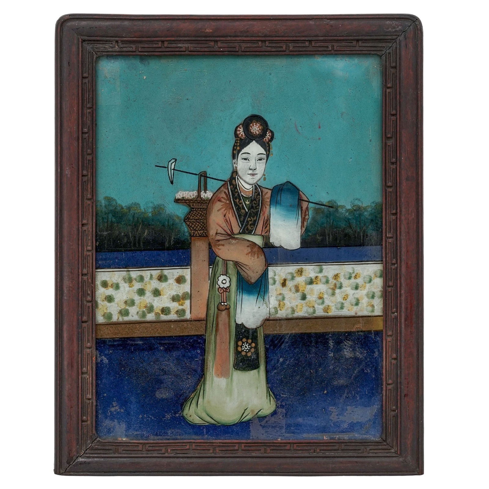 19th Cent. Chinese Courtesan Reverse Painted Glass Panel (1 of 3)