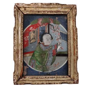 19th Cent. Chinese Courtesan Reverse Painted Glass Panel