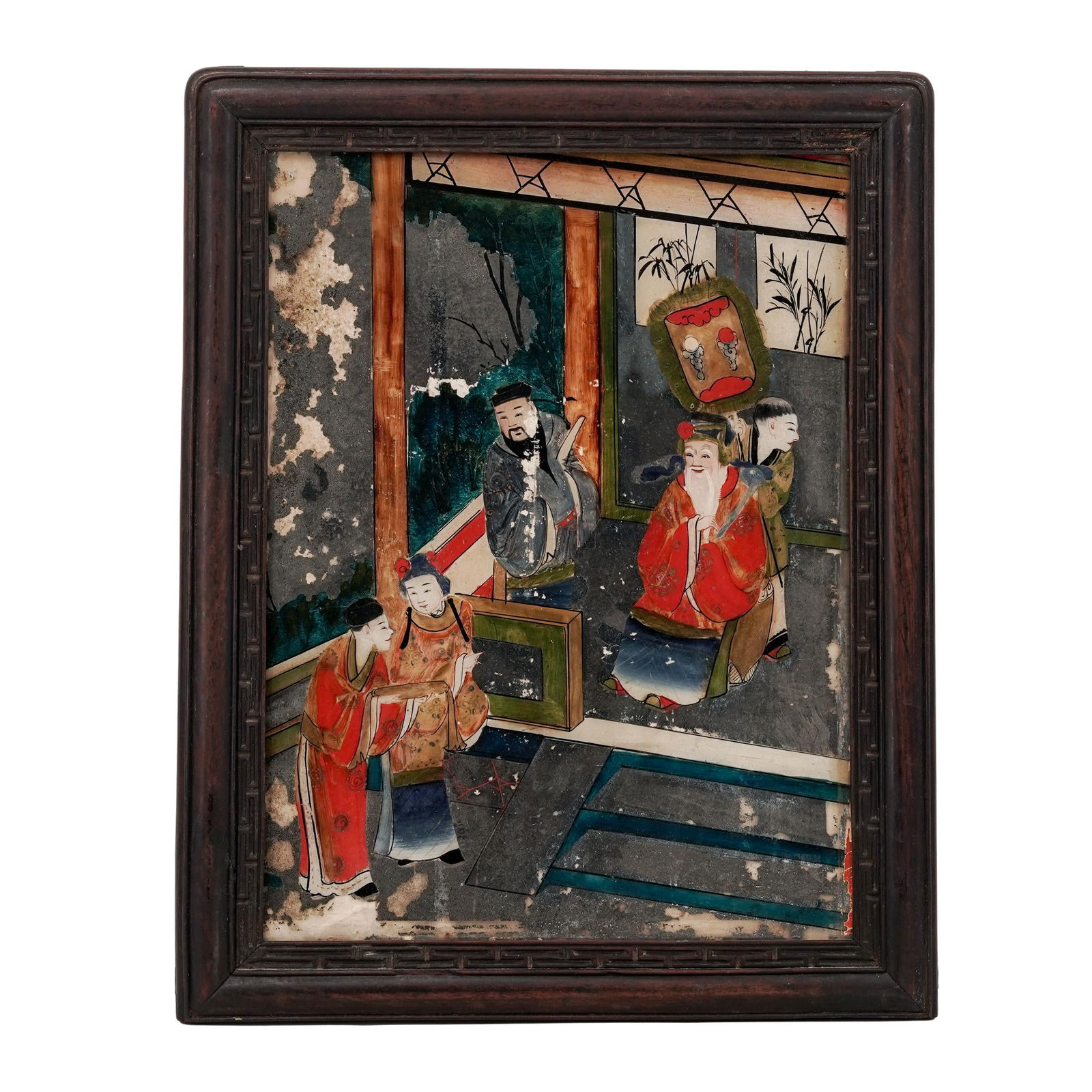 19th Cent. Chinese Court Scene Reverse Painted Glass Panel (1 of 3)