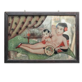 Antique Chinese Reverse Painted Erotic Mercury Glass Panel