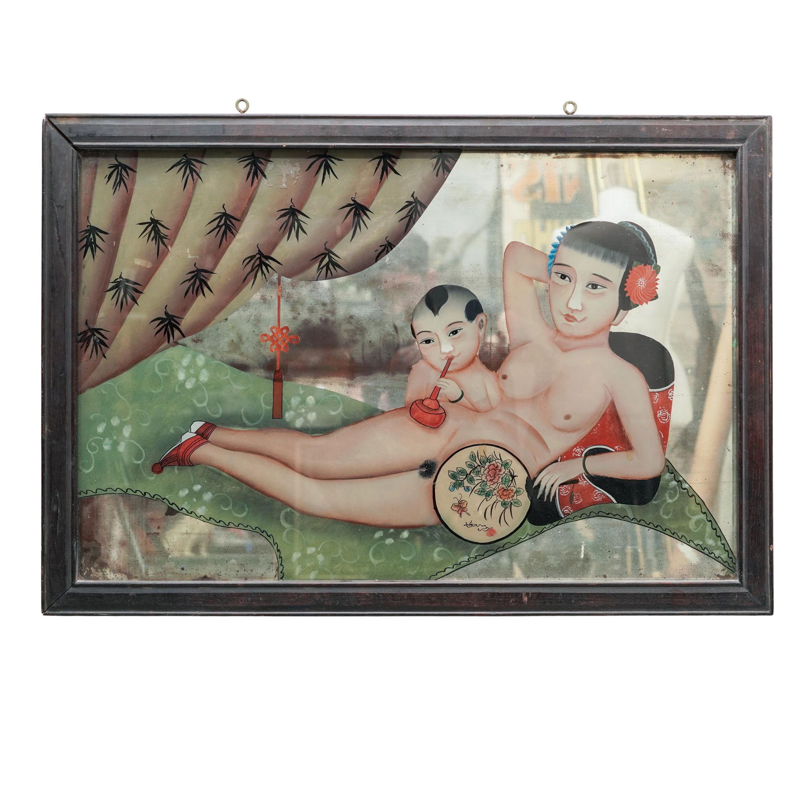 Antique Chinese Reverse Painted Erotic Mercury Glass Panel (1 of 4)