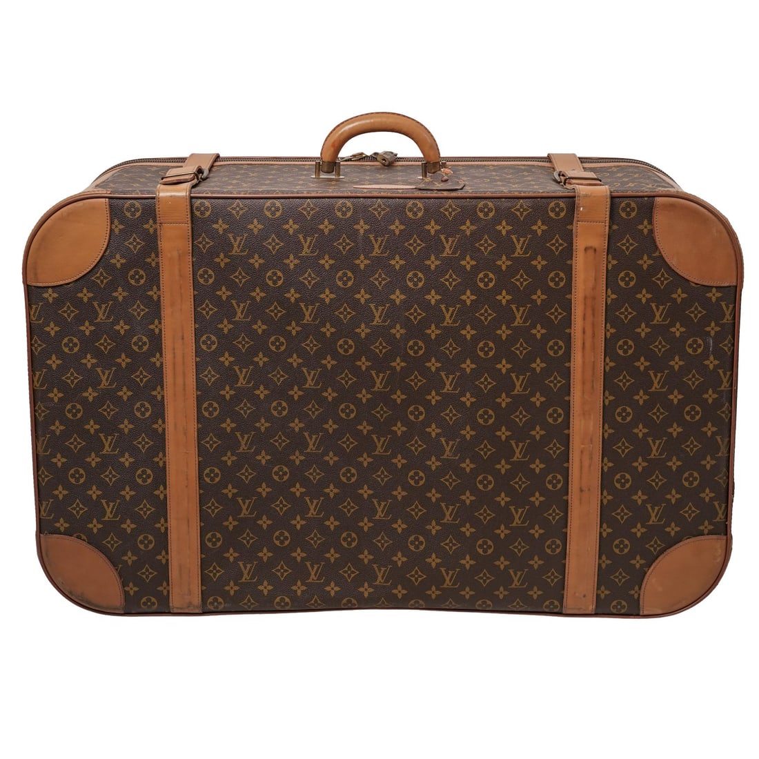 Louis Vuitton Stratos Suitcase Trunk: Louis Vuitton Stratos Suitcase Trunk1970s, FranceLouis Vuitton Stratos Suitcase features include a zipper closure leather corner protectors, a top handle, and surrounding leather straps with buckles f