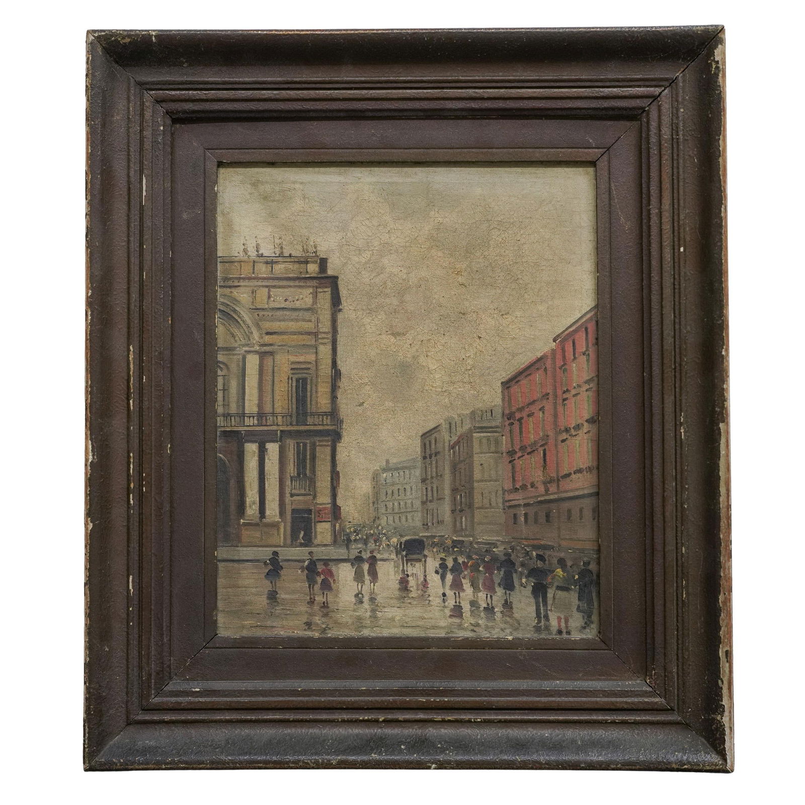 Antique 19th Century Oil On Canvas Painting: Antique 19th Century Oil On Canvas Painting19th Cent., FrenchThe painting depicts a lively urban street scene with pedestrians gathered along a broad French avenue, flanked by classical and late 19th