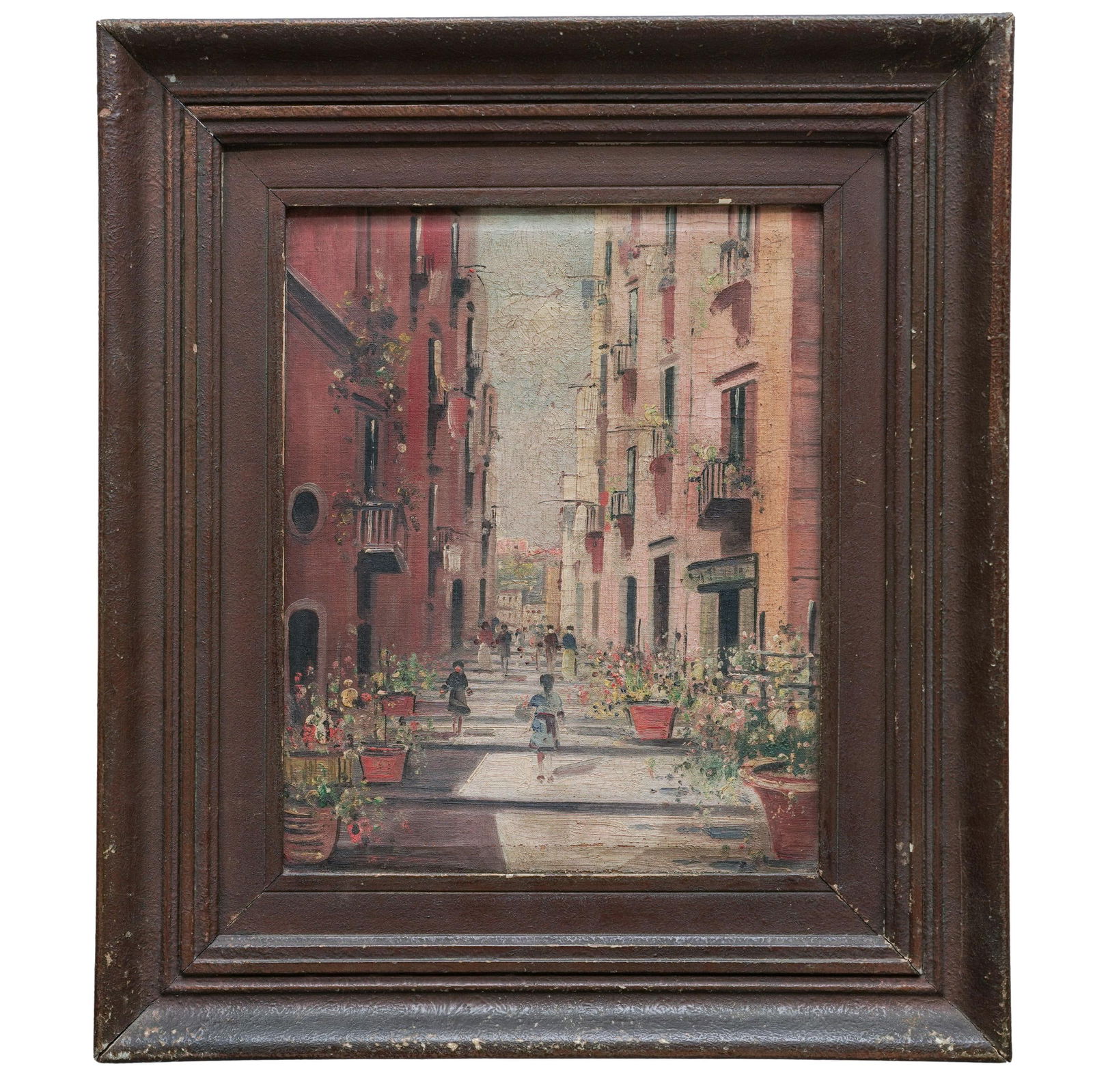 19th Cent. Italian Street Scene Oil Painting: 19th Cent. Italian Street Scene Oil Painting19th c., ItalyAntique oil on canvas painting depicting people walking down a narrow Italian street lined with tall, older buildings, many of which feature s