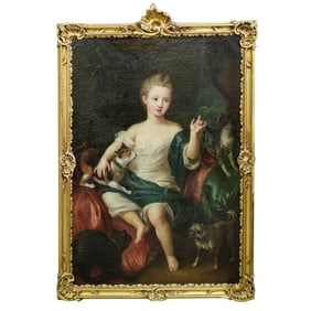 Antique Oil on Canvas Portrait of Child with Cats and Dogs