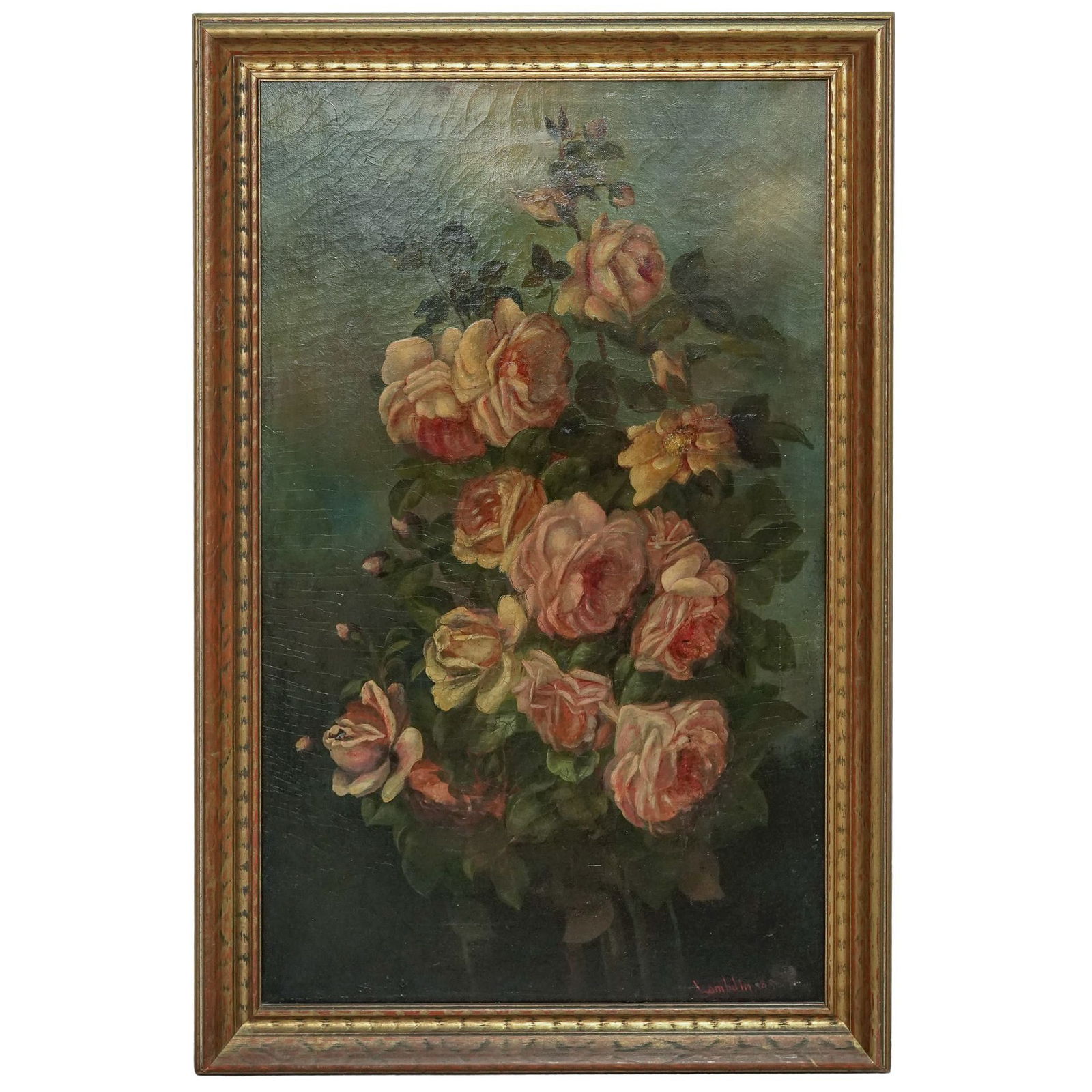 George Cochran Lambdin (American 1830-1896) Oil on Canvas: George Cochran Lambdin (American 1830-1896) Oil on Canvas Late-19th century, American Floral still life oil on canvas in the traditional style, depicting a bouquet of pink and yellow roses. Signed