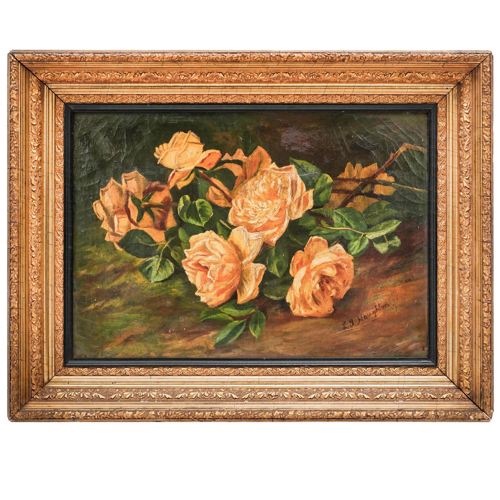 Antique L.G. Houghton Still Life Oil Painting: Antique L.G. Houghton Still Life Oil Painting Late 19th-Early 20th c. Oil on canvas still life painting of yellow roses. It is signed "L.G. Houghton" by the artist in the lower right corner. The work
