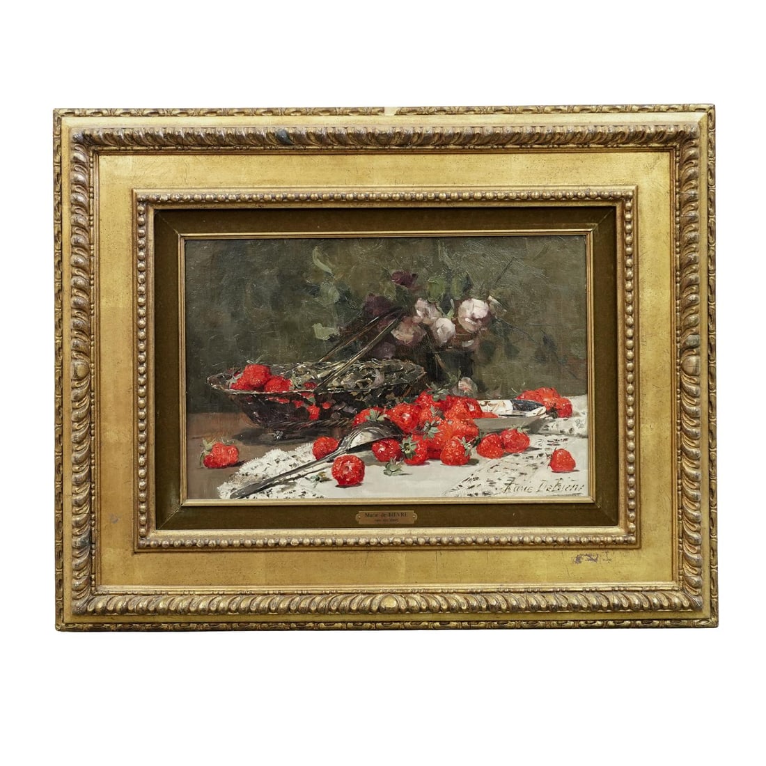 Marie De Bievre (Belgian, 1865-1940) Oil On Canvas Painting: Marie De Bievre ( Belgian, 1865-1940) Oil On Canvas Painting Late 19th to early 20th Cent., Belgian Still life with strawberries and roses on a lace covered table. Signed "Marie De Bievre" lower