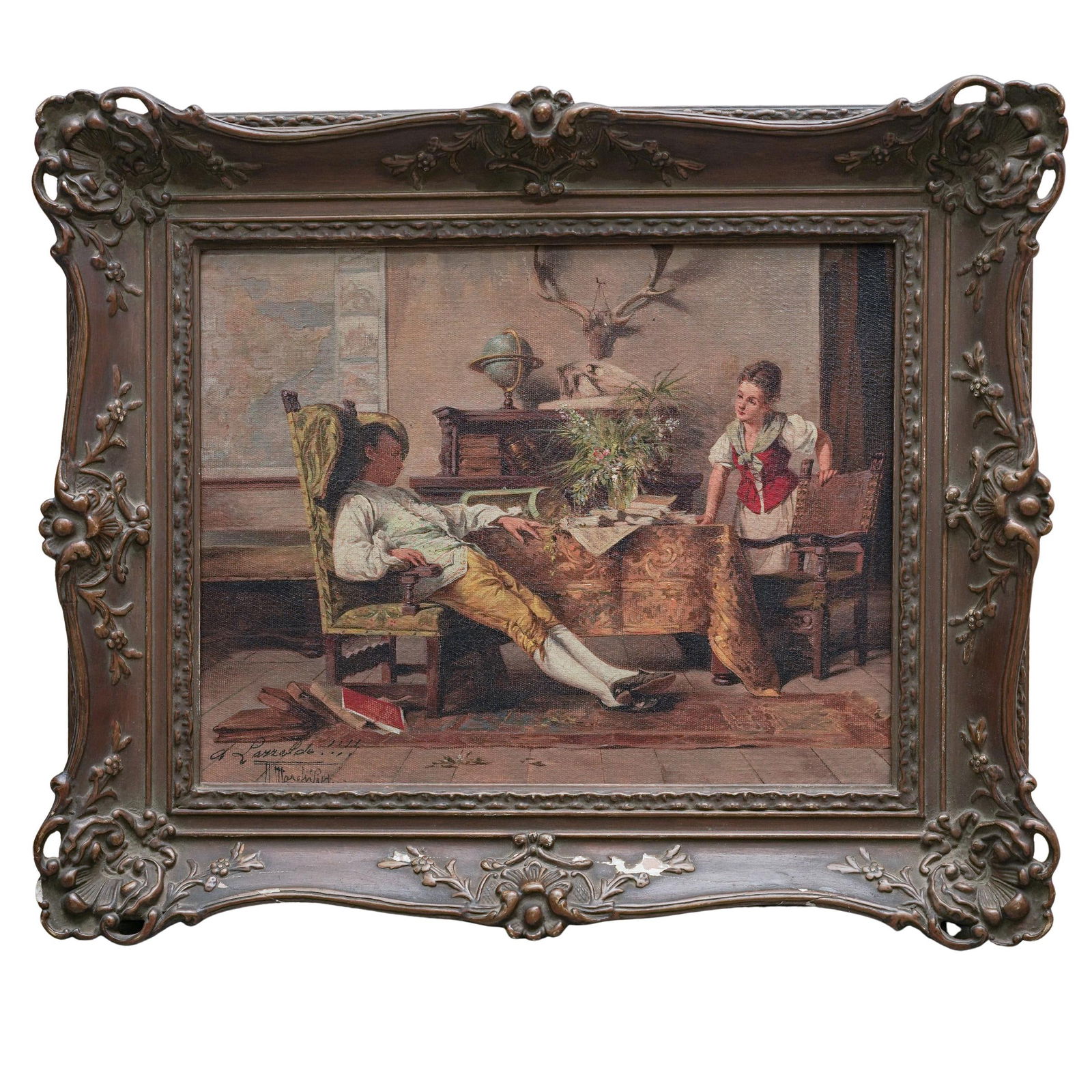 After Andrea Marchisio "Studiare Stanca" Oil Painting: After Andrea Marchisio "Studiare Stanca" Oil Painting Late 19th c. Oil on canvas painting after the original "Studiare Stanca (Goethe e Bettina Brentano)" by the artist Andrea Marchisio (Italian,