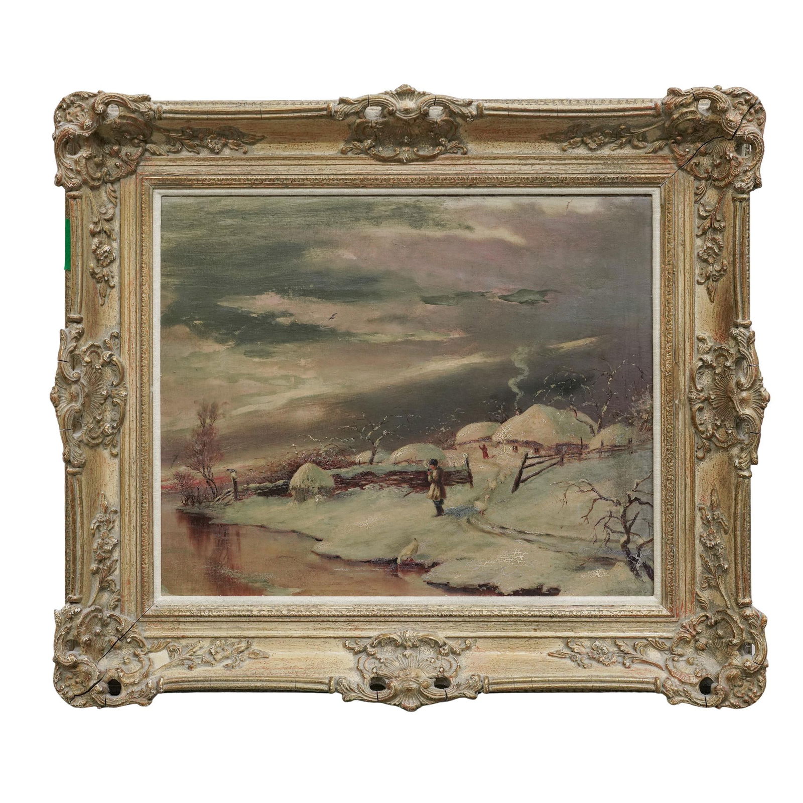 Antique Winter Landscape Oil Painting: Antique Winter Landscape Oil Painting Late 19th-Early 20th c. Antique oil on canvas painting depicting a lakeside winter landscape. It is housed in an ornate, light wood-grain-textured painted frame.