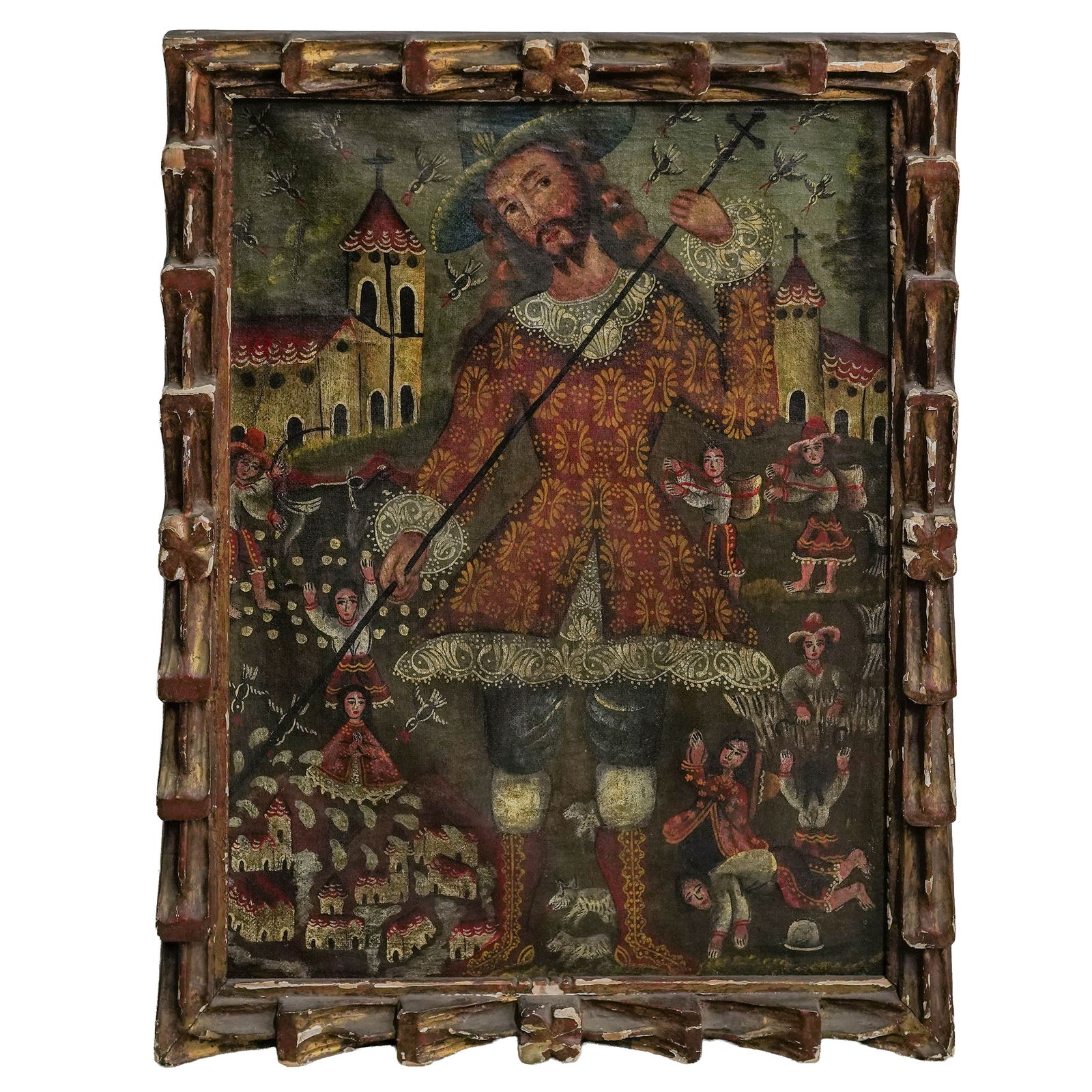 Antique Cuzco School St. Isidore Oil on Canvas: Antique Cuzco School St. Isidore Oil on Canvas Late 18th-early 19th century, Peruvian Antique Spanish Colonial Cuzco School oil on canvas painting of St. Isidore. Hand carved wooden period frame.