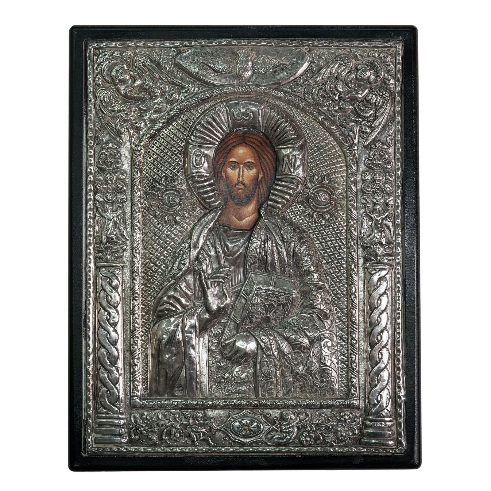 Greek Orthodox Jesus Icon 950 Silver: Greek Orthodox Jesus Icon 950 Silver 20th century ,Greece Precious holy image made of 950 Silver , which depicts traditional hagiography. Made in Greece. Marked 950 Silver. H. 11.5" x W. 9.5"