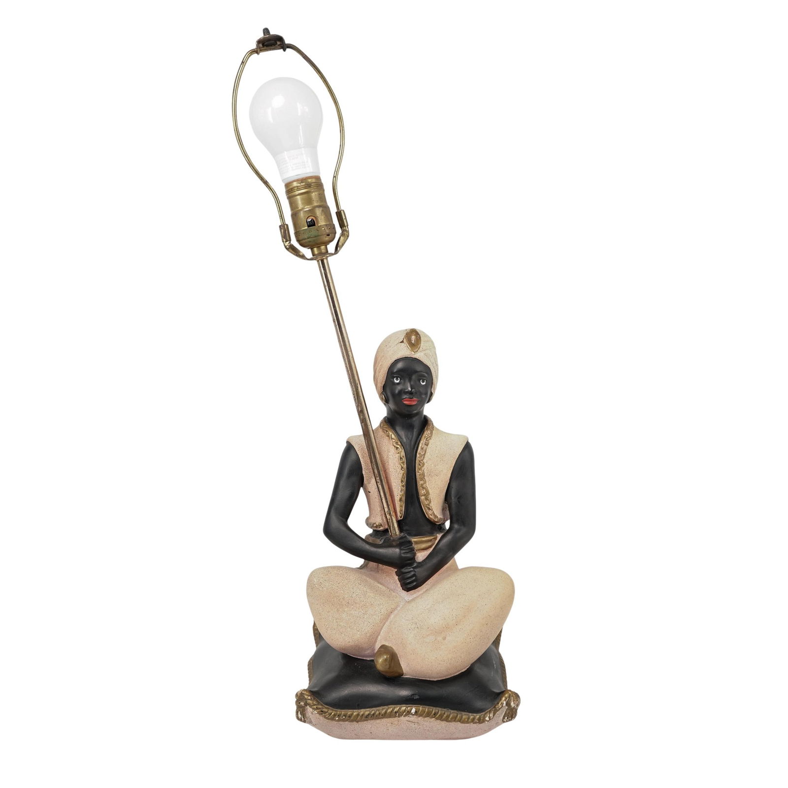 Vintage Art Chalkware Blackamoor Table Lamp: Vintage Art Chalkware Blackamoor Table Lamp 1950s, USA The lamp features a figure in a seated, cross-legged pose, holding an umbrella-style shade. Marked by manufacturer "Continental Art" on the side