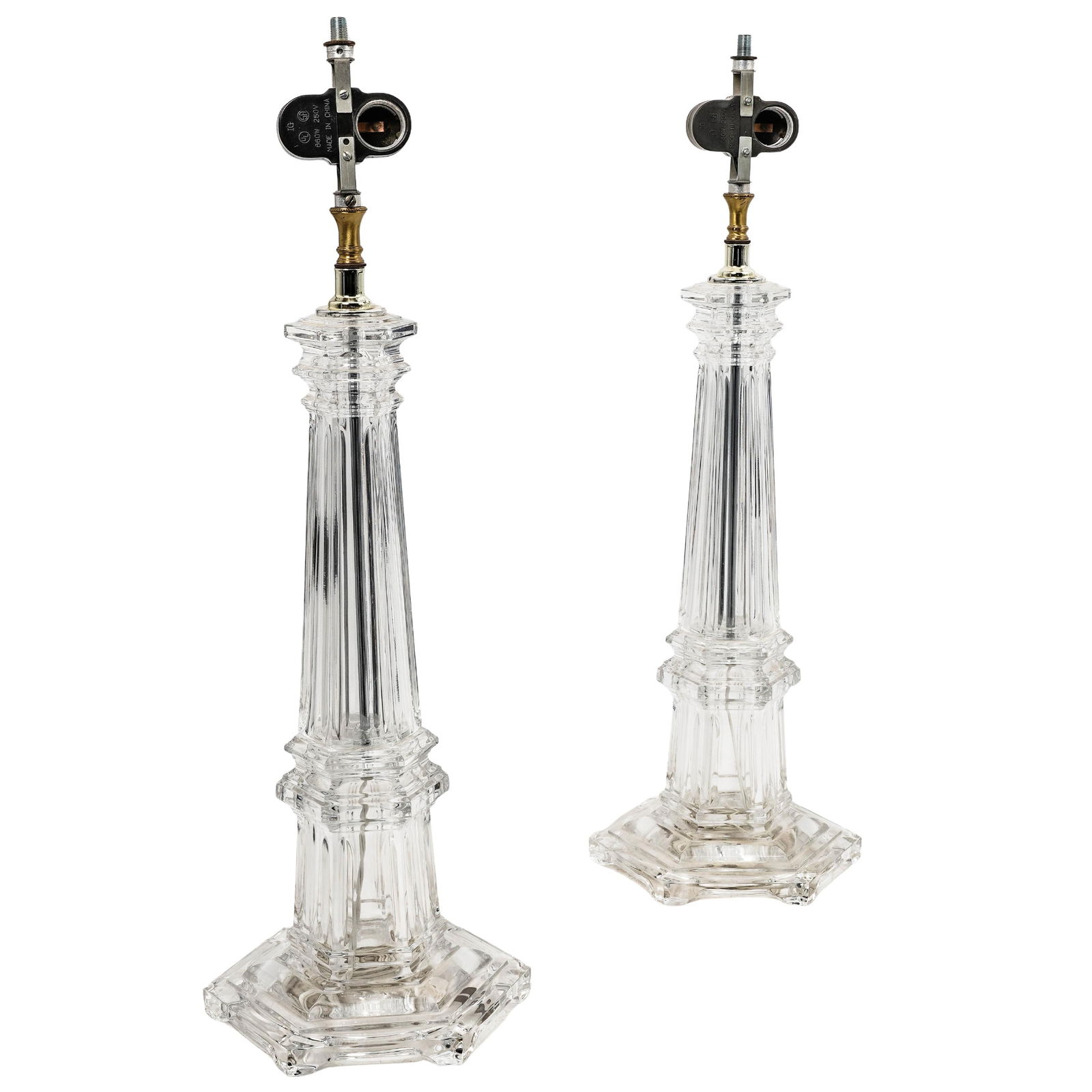 Pair of Vintage Glass Pleated Shade Table Lamps: Pair of Vintage Glass Pleated Shade Table Lamps 20th century A pair of vintage glass column table lamps with white pleated shades. H 23.5" x W (base) 8" Shade diameter 13.25"