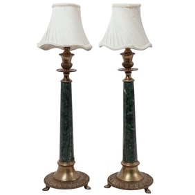 Pair of Empire Style Bronze & Marble Column Table Lamps