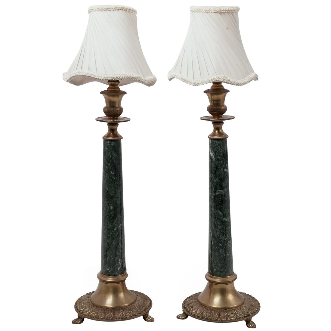 Pair of Empire Style Bronze & Marble Column Table Lamps: Pair of Empire Style Bronze & Marble Column Table Lamps 20th century Pair of Empire Brass & Green Marble Column Table Lamps. The lamps feature green marble Colonial-style columns, ornate brass bases,
