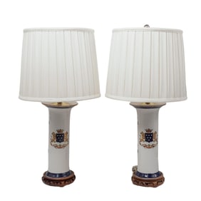 Pair of Porcelain Heraldic Famille De Lambilly Lamps