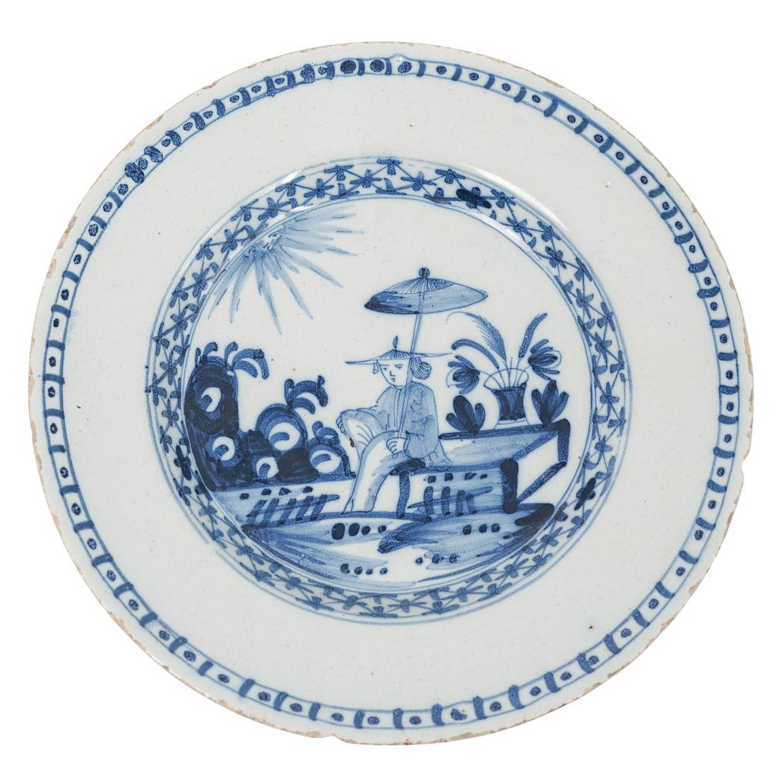Antique Chinese Export Porcelain Blue & White Plate \"Parasol Lady\"