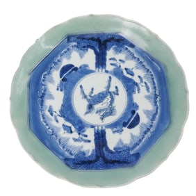 Unique Japanese Celadon Blue & White Porcelain Plate