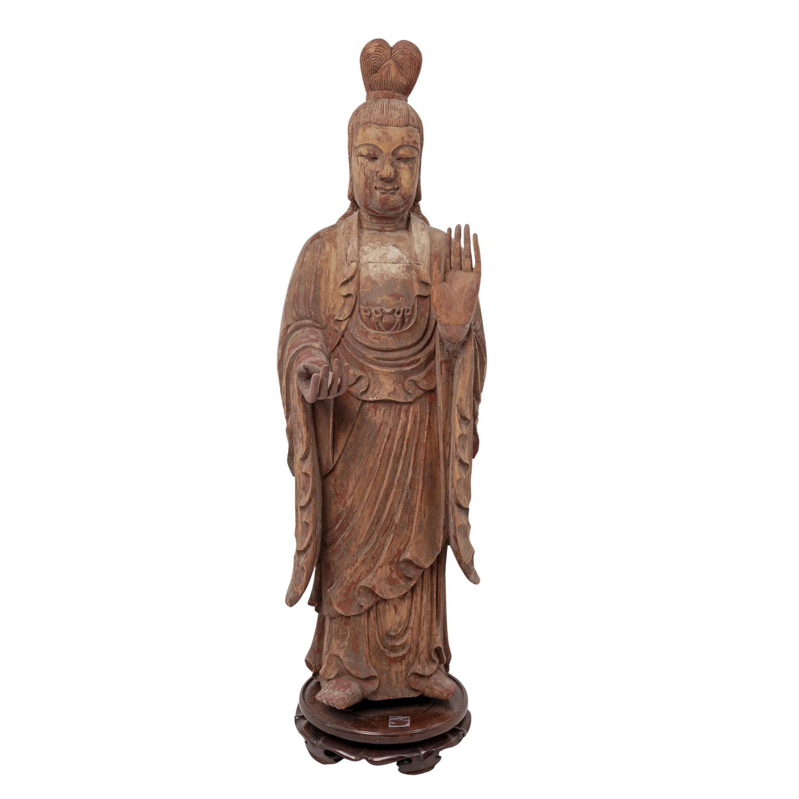 Chinese Song Dynasty Wood Bodhisattva Statue: Chinese Song Dynasty Wood Bodhisattva Statue960-1279 CE, ChinaAntique Chinese highly detailed hand-carved wood Buddhist standing Bodhisattva statue. It is in the Vitarka Mudra, the gesture of teaching