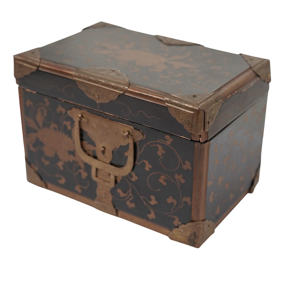 Japanese Meiji Bronze Inlay Tea Caddy: Japanese Meiji Bronze Inlay Tea Caddycirca 1860s-1900s, JapanAntique Japanese tea caddy from the early Meiji period. Features a wooden construction with a lacquered finish and gilt floral painted deta