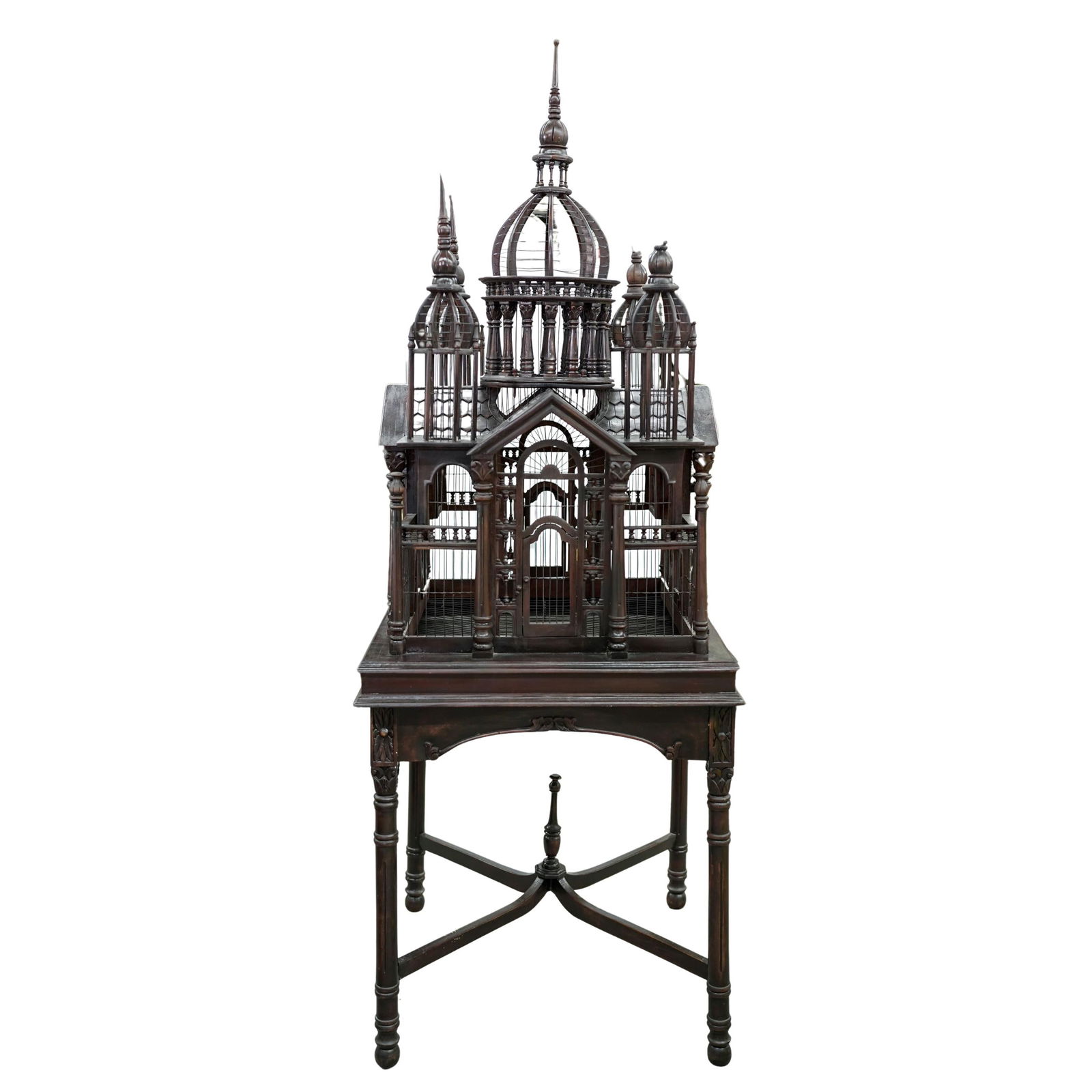 Maitland Smith Mahogany Cathedral Birdcage: Maitland Smith Mahogany Cathedral Birdcage20th centuryA Maitland Smith Mahogany Architectural Birdcage on Stand. This is a Victorian style large gothic wood bird cage with a large dome cathedral desig