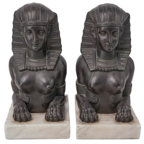 Pair of Egyptian Revival Mixed Metal Sphinx Statues