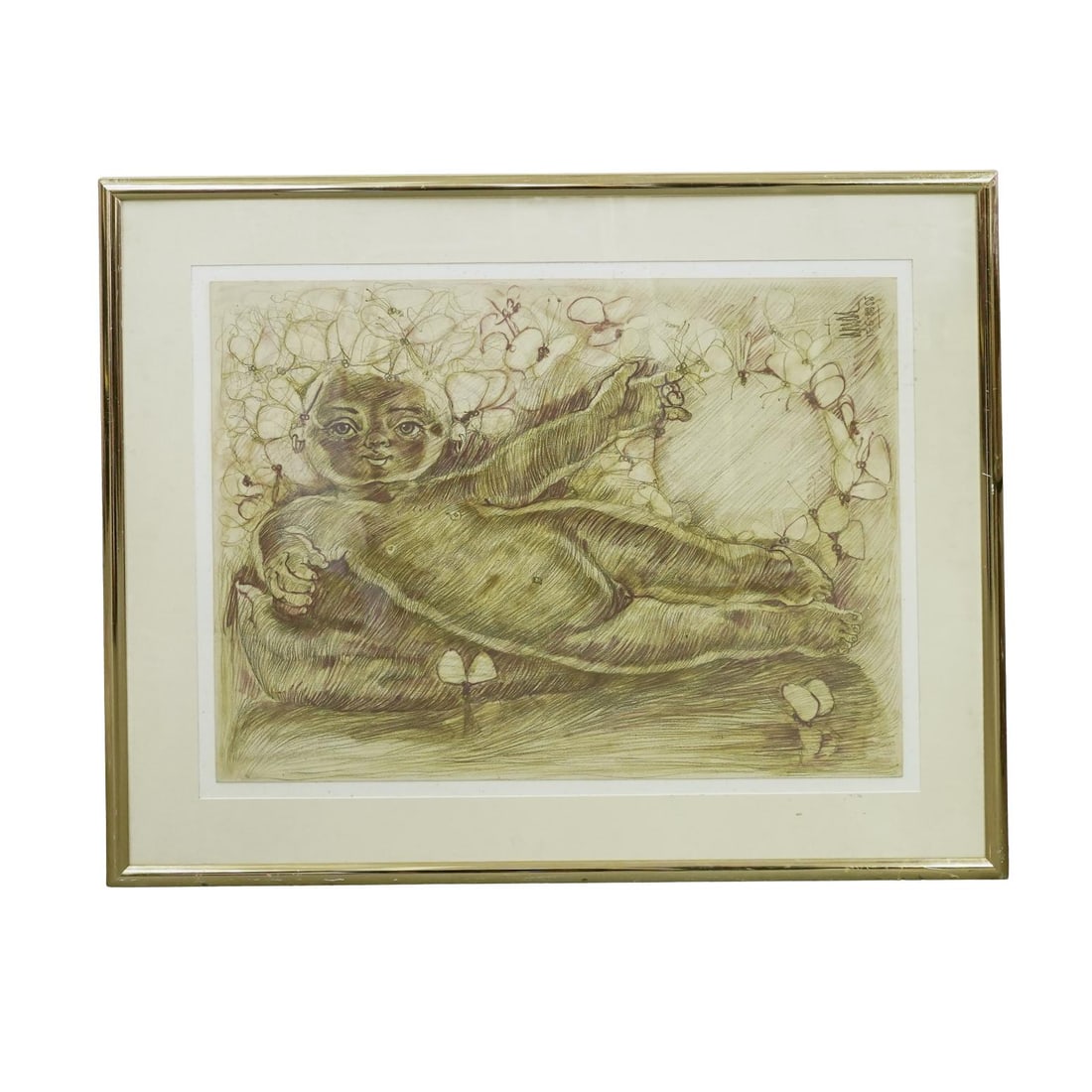 Victor Tapias (Colombian, b. 1952) "The Girl of the Butterflies" Drawing: Victor Tapias (Colombian, b. 1952) "The Girl of the Butterflies" Drawing1988, USACharcoal and pencil on hammer paper drawing of a young girl surrounded by butterflies. It it signed and dated by the ar