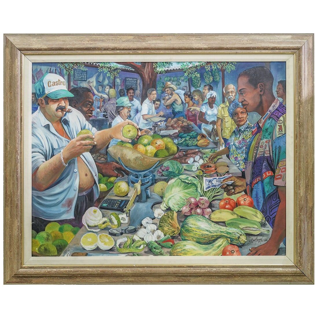 Lazaro Manuel Lorenzo De los Hoyos Farmers Market Oil on Canvas: Lazaro Manuel Lorenzo De los Hoyos Farmers Market Oil on Canvas 20th century, Cuba The large oil on canvas painting featuring a vibrant market scene in Havana City , capturing the everyday lives of