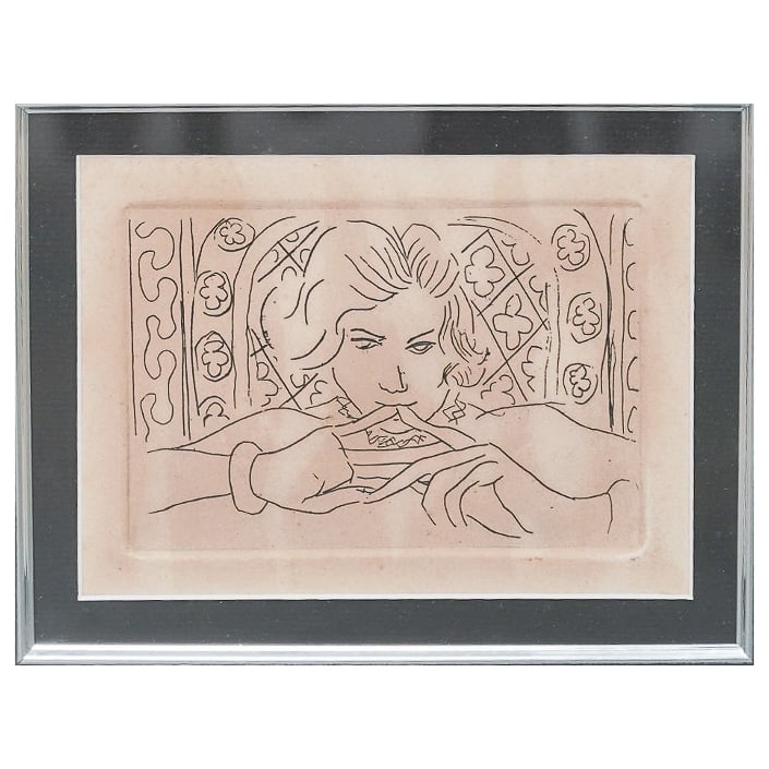 Henri Matisse "Face, Silence (Visage - Le Silence)" Etching: Henri Matisse "Face, Silence (Visage - Le Silence)" Etching c. 1920s, France Monochrome etching of a woman with her fingers touching her lips by Henri Matisse (French, 1869-1954). It is housed in a