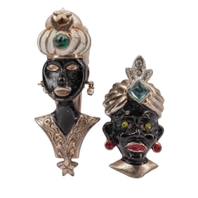 (2 pcs) Vintage Enamel and Rhinestone Blackamoor Brooches