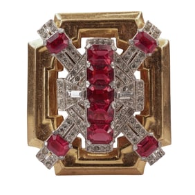 McClelland Barclay Ruby and Clear Rhinestone Art Deco Brooch