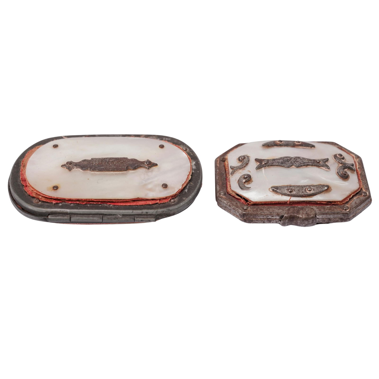 (2 pcs) Antique Mother of Pearl and Silver Plated Coin Purses: (2 pcs) Antique Mother of Pearl and Silver Plated Coin PursesMid to late 19th century, EuropeanA set of two mother of pearl and silver-plated coin purses. One is marked inside with small handwritten p