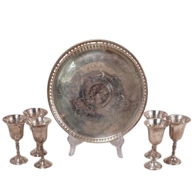 (7pc) Vintage Silver Plated Cordial Globets & Tray Set