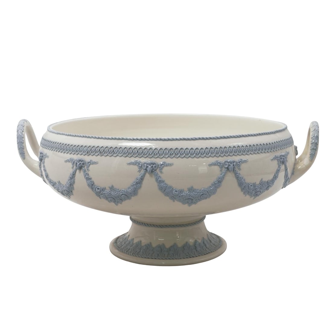 Wedgwood Queen's Ware Footed Large Serving Bowl: Wedgwood Queen's Ware Footed Large Serving Bowl1957, EnglandWedgwood Embossed Queen's Ware Footed Centerpiece Serving Bowl in the "Lavender on Cream" color pattern. The bowl features grape and vine mo
